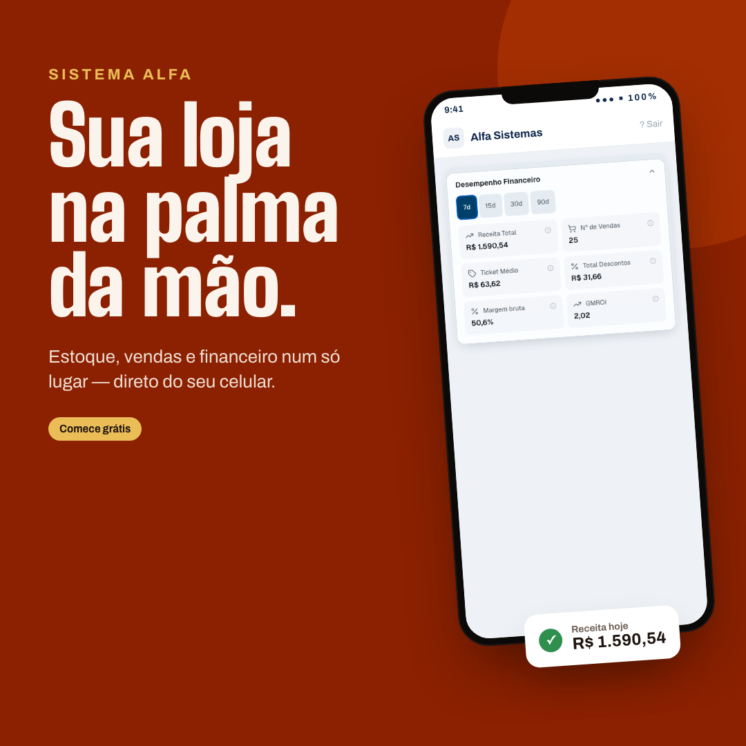 Tela do Sistema Alfa aberta no navegador de um smartphone Android, mostrando o painel de vendas do dia